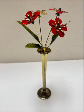 1977 MANN Red Enamel Metal Flowers In Brass Designed Flower Vase MCM